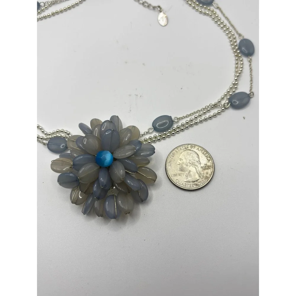 Villager Grey Blue Floral‎ Cluster Multi Strand Necklace Silver Tone 15 Inch